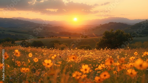 A mesmerizing sunset over a rolling landscape peppered with wildflowers, casting a golden glow that celebrates the tranquil end of a day.