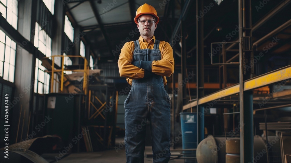 Man worker in overalls, safety helmet and safety glasses at background of manufacture