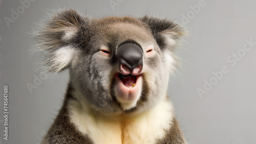 Portrait of cute koala bear. Funny koala isolated on gray background