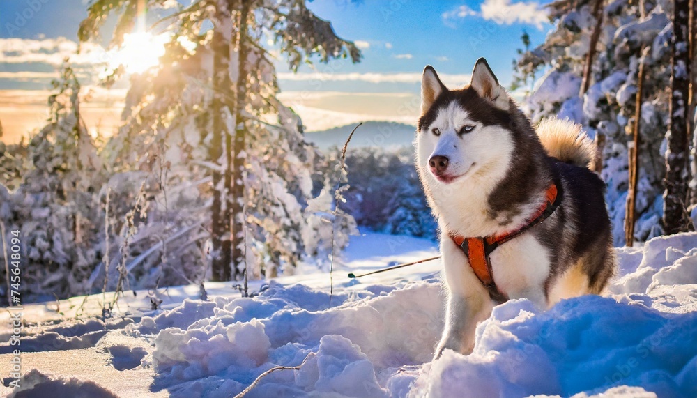 A beautiful husky dog posing in nature, winter season, cold weather A beautiful husky dog posing in nature, winter season, cold weather