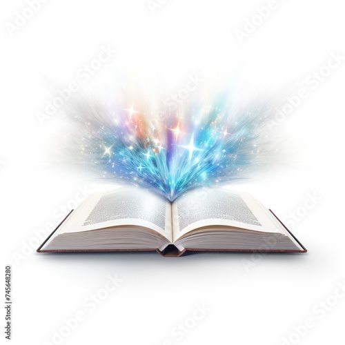 open book with mystic bright light on white background 