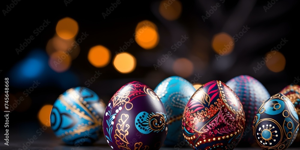 Easter eggs adorned with intricate patterns against a purple and blue backdrop. Concept Easter Decor, Egg Art, Patterned Designs, Spring Colors, Photography Inspiration