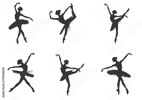 Ballerina performing dance in silhouette on white background.