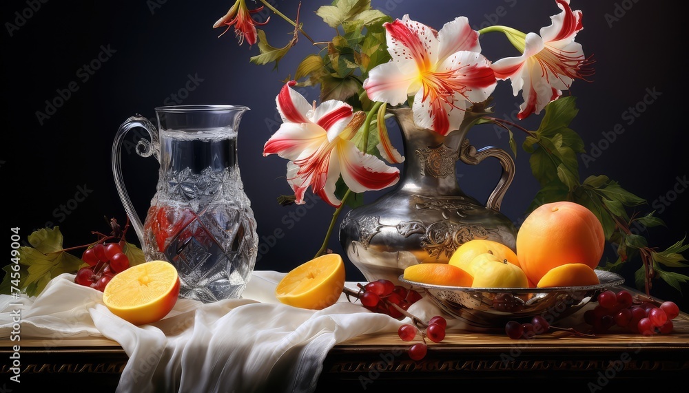 Fototapeta premium Still life with a glass of water, fruits and flowers on a dark background