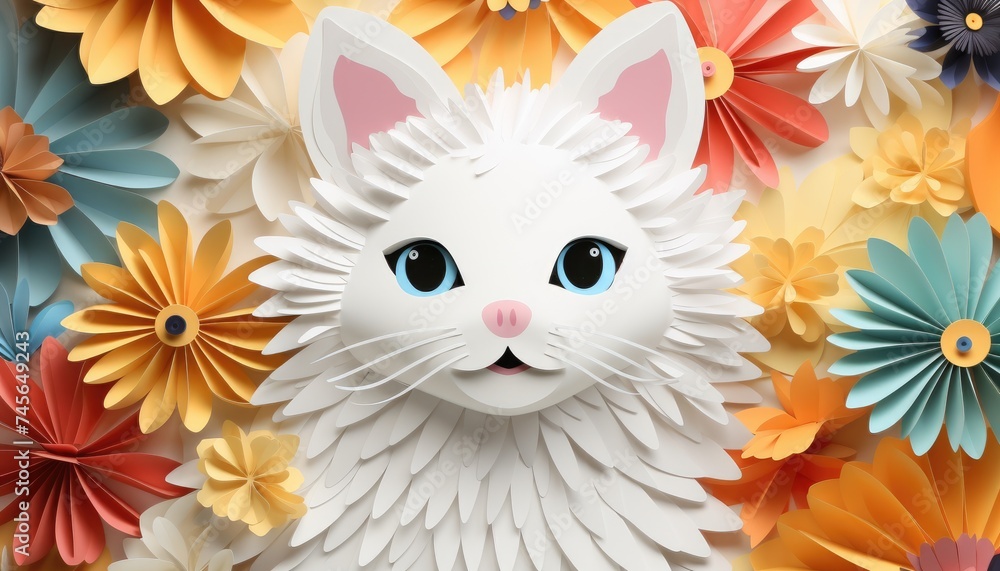 Paper craft white cat with colorful fur