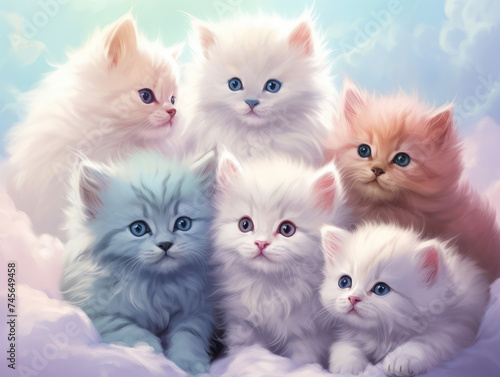 Cute kittens on the background of clouds. Digital art.