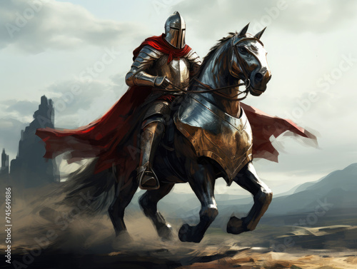 Knight in armor on horseback. Digital art.