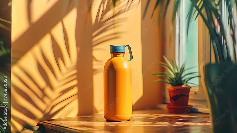 Yellow Metal Water Bottle in a Sunlit Space Yellow Metal Water Bottle in a Sunlit Space