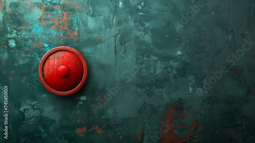 Red button on a green background. Press and start