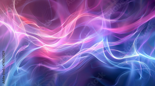 Abstract background featuring swirling lines of light in vibrant pink and blue hues on a dark backdrop, creating a dynamic and flowing visual effect