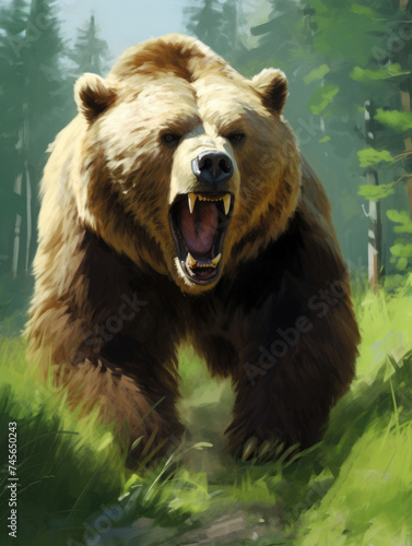 Angry bear against the backdrop of nature. Digital art.