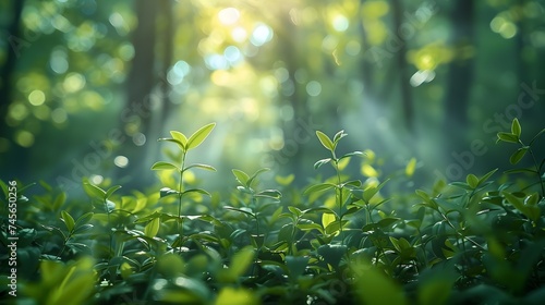 Sunlit Green Tea Forest in Minimalist Style