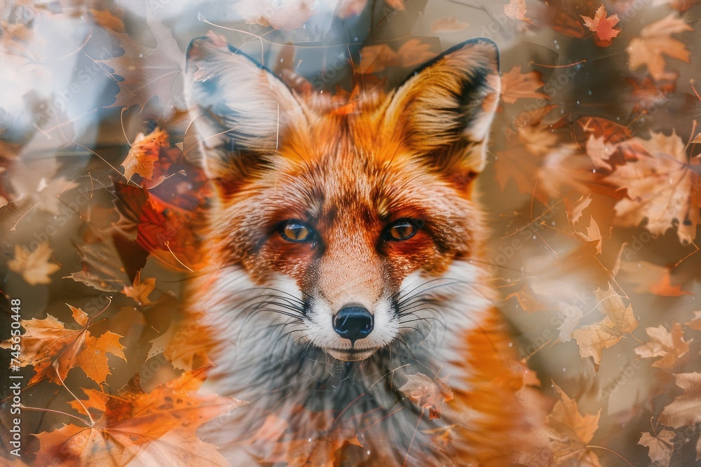Fototapeta premium A close-up of a fox overlaid with the texture of autumn leaves in a double exposure 