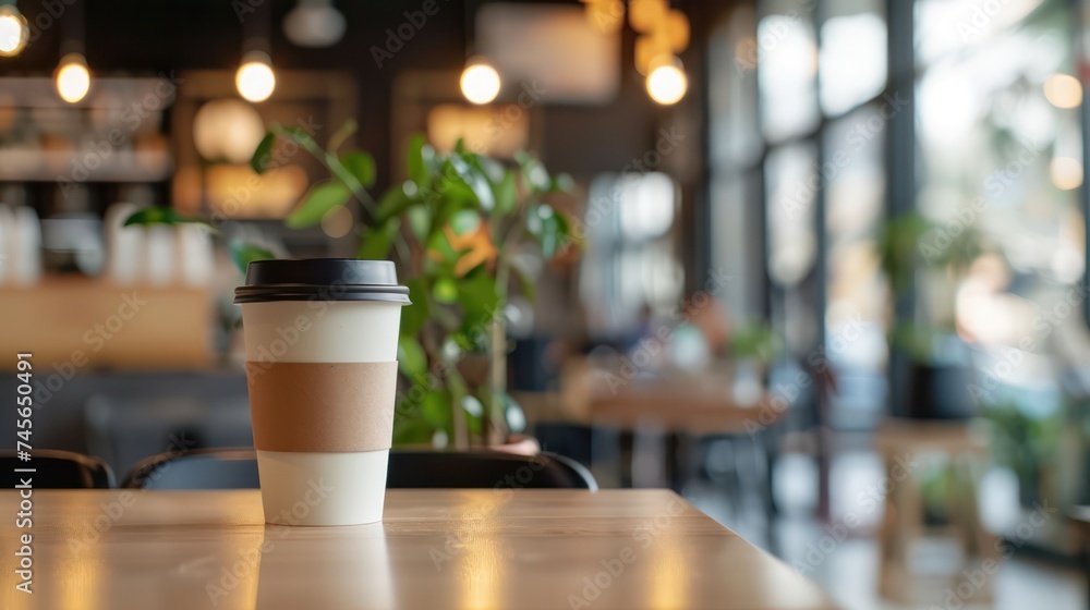 Blurred background of a modern coffee shop with coffee cups as the main focus Blurred background of a modern coffee shop with coffee cups as the main focus