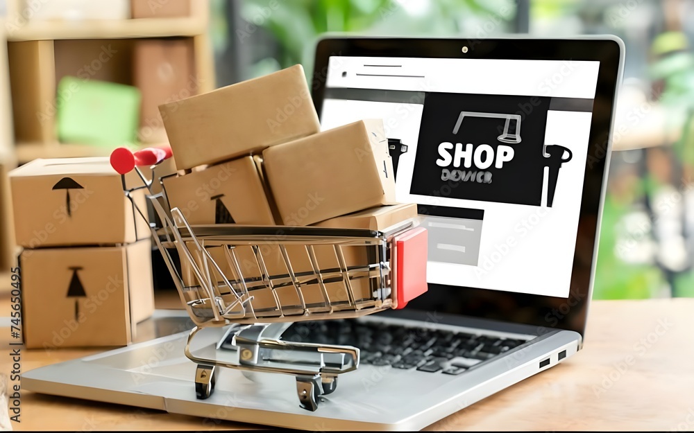 Laptop computer with web store shop on screen, product package boxes, and shopping bag in cart: Online shopping and delivery concept