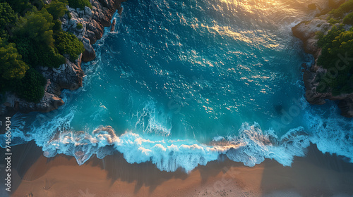 An overhead shot captures the mesmerizing patterns of turquoise sea waves as they meet the golden sands of a tranquil beach. © feeling lucky