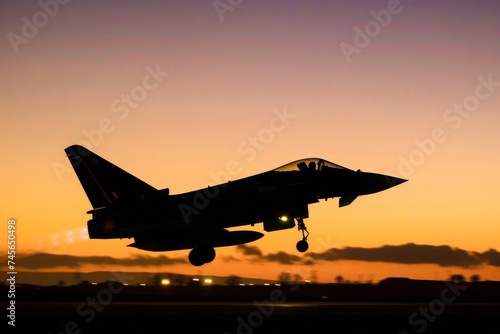 The silhouette of a fighter jet taking off into the twilight sky