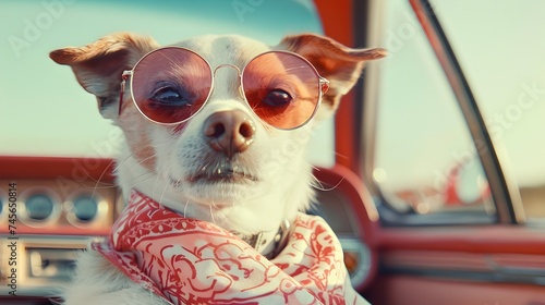 Vintage Dog Wearing Sunglasses in Classic Car photo