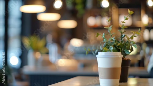 Blurred background of a modern coffee shop with coffee cups as the main focus