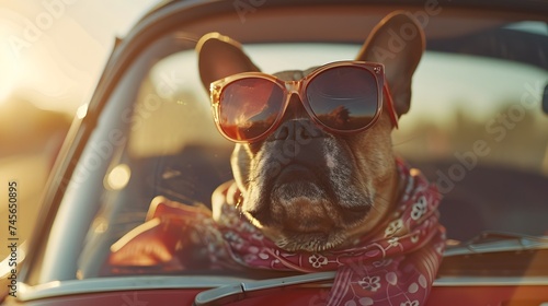 French Bulldog Riding in Car with Sunglasses © vanilnilnilla