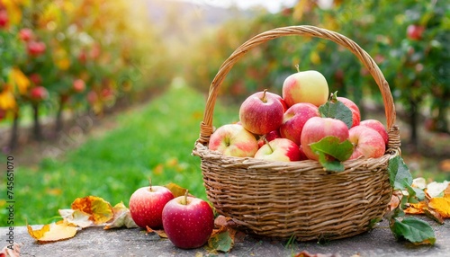 Basket full of red juicy apples scattered in a grass in autumn garden