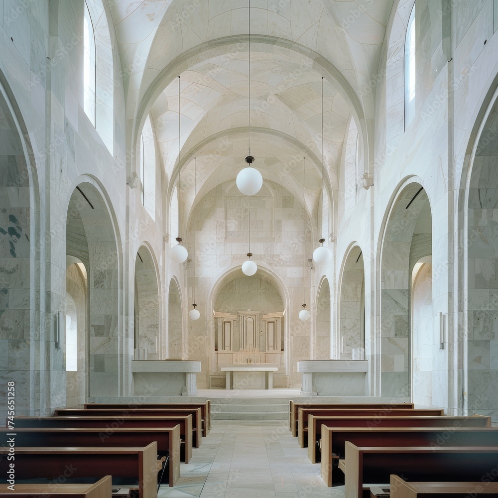 Cathedral choir loft framed by minimalist marble arches acoustics in harmony with architecture