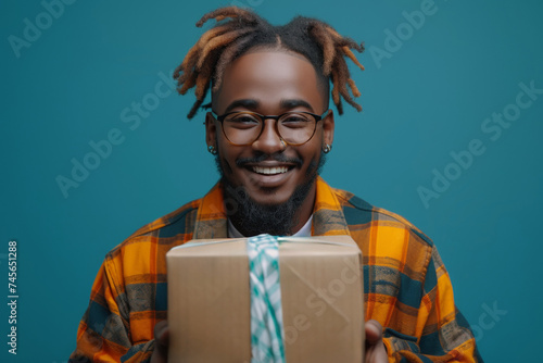 A joyful young man holding a parcel, laughing with positive vibes. © Iryna