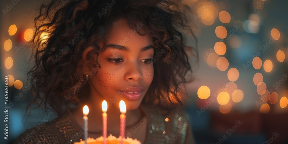 A pretty young woman celebrates her birthday, blowing candles on a lovely cake with joy. A pretty young woman celebrates her birthday, blowing candles on a lovely cake with joy.