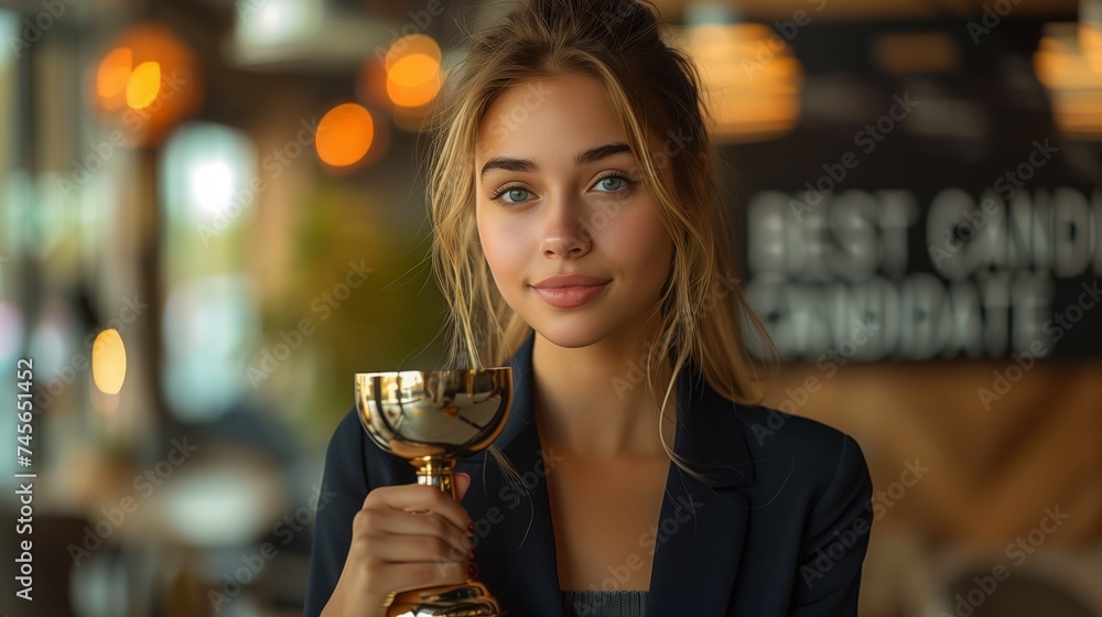 A television presenter in a suit smiles while holding a trophy at the event A television presenter in a suit smiles while holding a trophy at the event