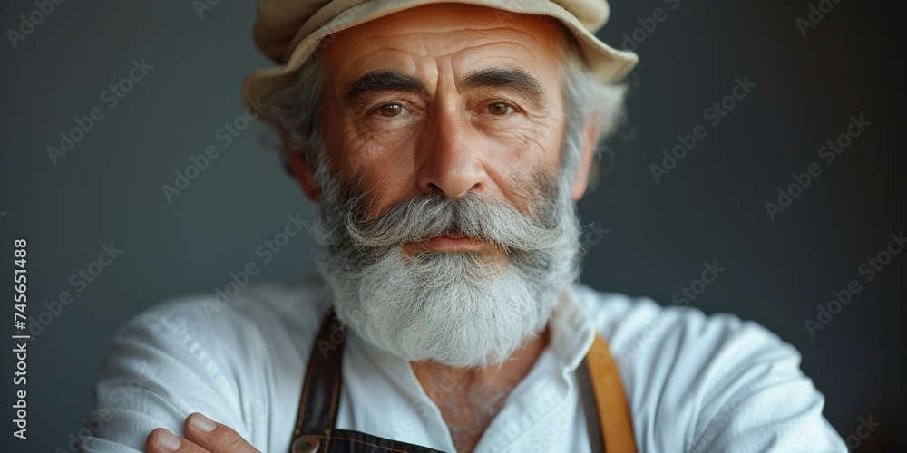 A kind and gorgeous senior grandfather with a silver beard and baker's hat, smiling indoors. - obrazy, fototapety, plakaty 