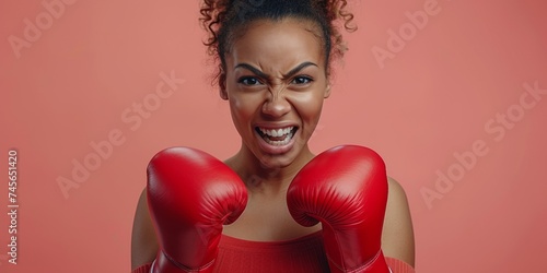 A furious and expressive young woman boxer, red-gloved, shows intensity and strength in a studio portrait. photo