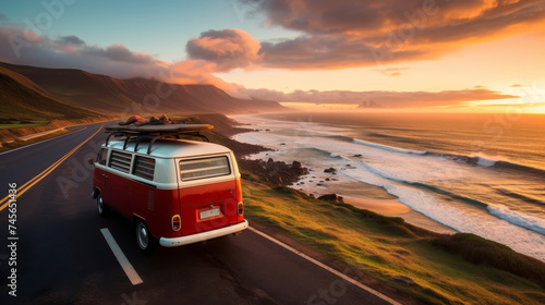 Vintage van driving along coastal road at sunset near the sea, nostalgic travel concept