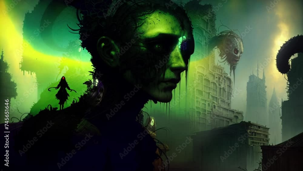 Surreal Artwork of Cyborg Woman and Dystopian Cityscape Surreal Artwork of Cyborg Woman and Dystopian Cityscape