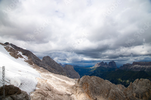 The view of Sassolungo and the Sella Group from Serauta in the Dolomites, Italy.