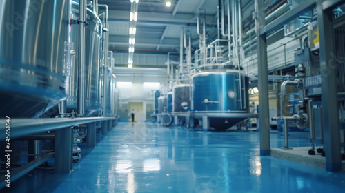 A modern industrial facility interior with stainless steel tanks, glossy floors, and a pipeline system.