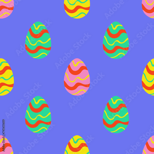Easter seamless pattern with colorful eggs. Modern religion holiday endless background with hand drawn elements and vibrant color. Trendy repeat vector illustration