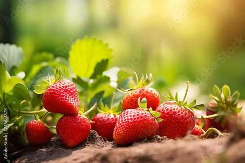 Strawberry plant with ripe berries growing in garden  closeup