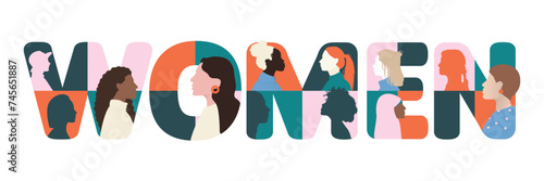 happy international women's day banner background, text letter word women illustrated with woman head face side view silhouette, modern minimal illustration congratulations for flyer poster brochure