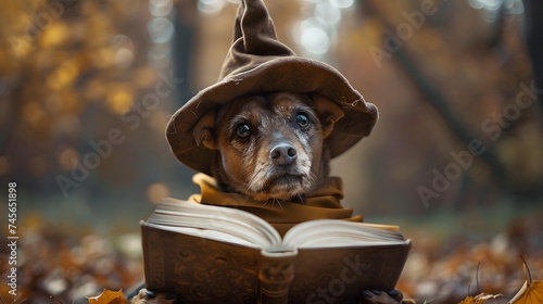 Studious Pup in Halloween Hat Reading Book in Autumn photo