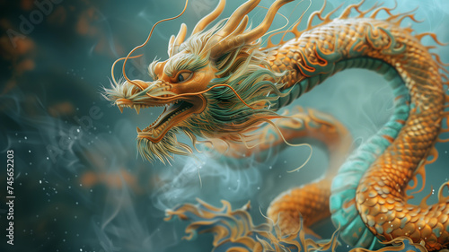 Chinese folklore Dragon suitable for Chinese New Year. Decorative colorful background. Translucent glass, turquoise and golden style aesthetics. © Voysla