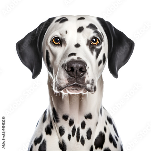 Pet  Beauty dalmatian dog  sits in full face  looks into the camera lens. PNG