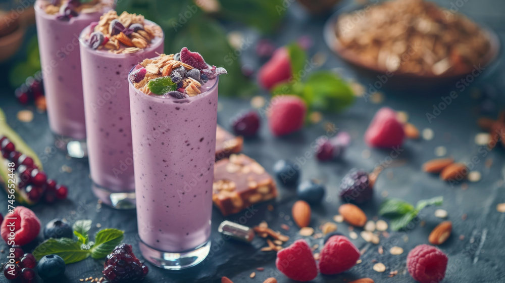 Three glasses filled with freshly prepared mixed berry smoothies, garnished with nuts and whole berries Three glasses filled with freshly prepared mixed berry smoothies, garnished with nuts and whole berries