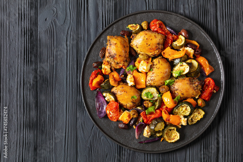 baked chicken thighs with veggies, olives, feta