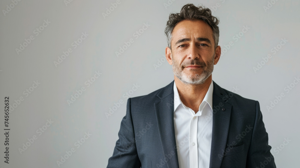Confident mature businessman in a suit standing against a plain background, looking directly at the camera with a small smile. Confident mature businessman in a suit standing against a plain background, looking directly at the camera with a small smile.
