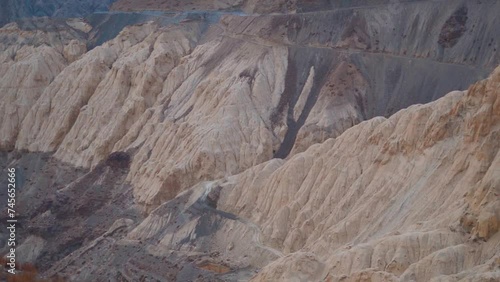 Closeup shot of Moonland Chango as seen on the way to Spiti Valley in Himachal Pradesh, India. Rocky structures like Moonland in the Himalayan mountains in Spiti Valley. Natural rock formation.  photo