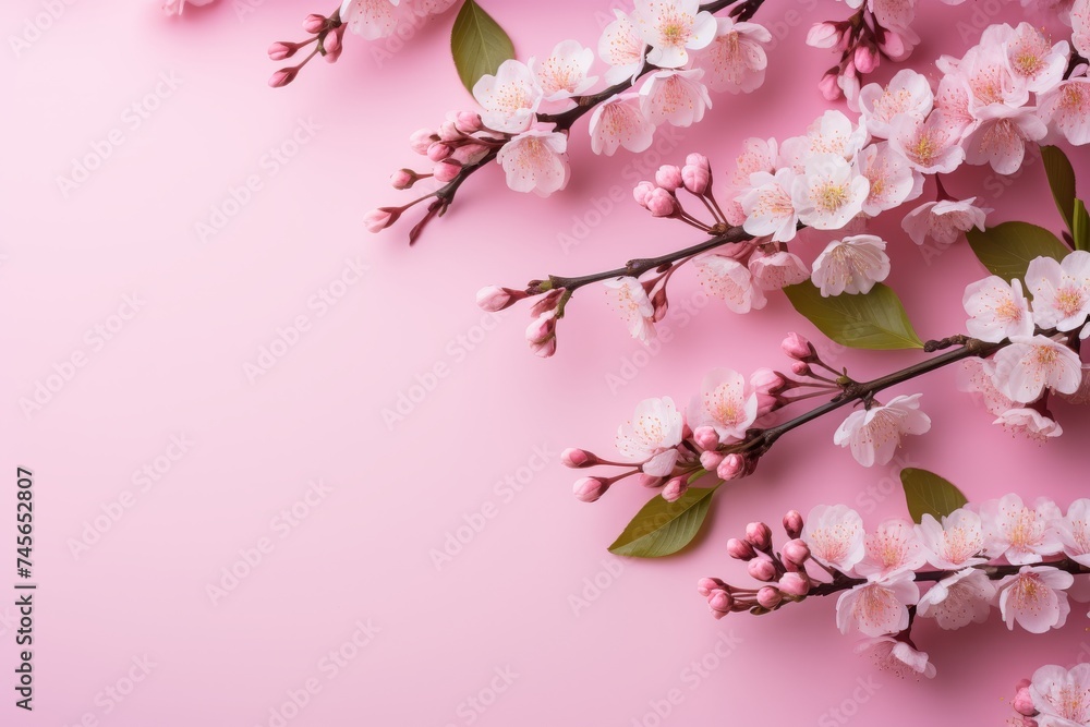 Spring sakura blossoms on pink background. Ideal for banner, greeting card design