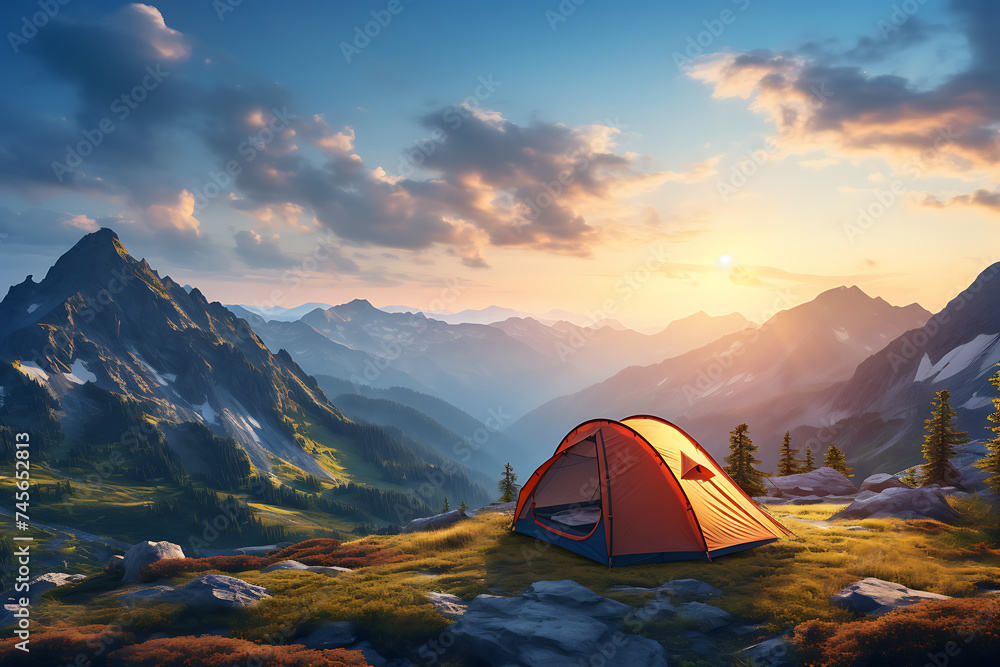 Camping tent on mountain meadow at sunset. 3d rendering