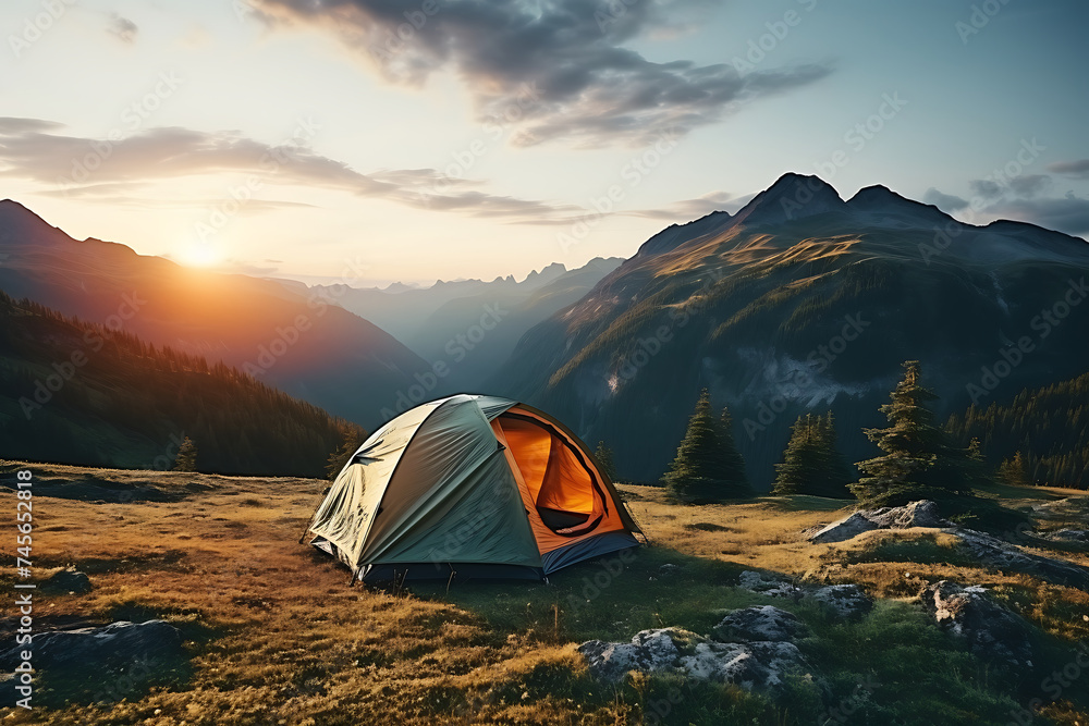 Camping tent on mountain meadow at sunset. 3d rendering