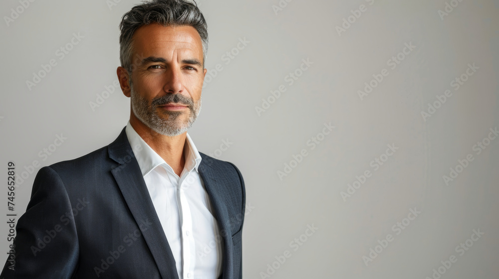 Confident mature businessman with salt and pepper hair, wearing a suit and a white shirt, posing against a plain grey background.