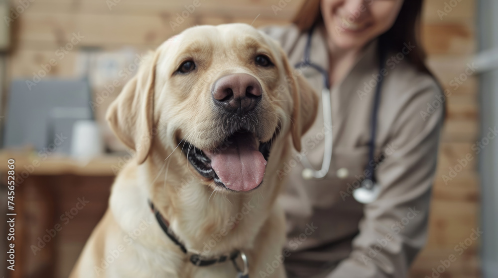 A happy golden retriever dog sits in a veterinary office A happy golden retriever dog sits in a veterinary office